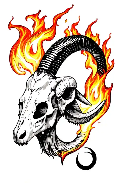 goat skull surrounded fire flames tattoo design idea