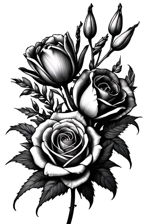 roses tulips and gladiolus flower intertwined tattoo design idea
