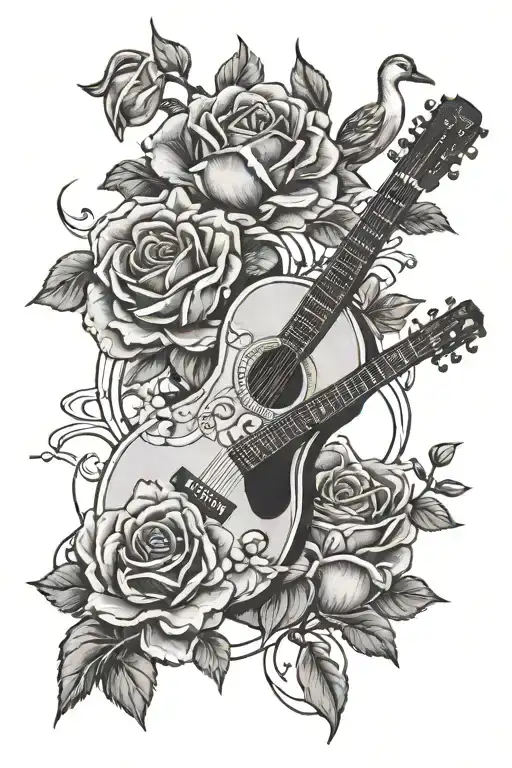 roses with cross, duck, and guitar laying in them  tattoo design idea