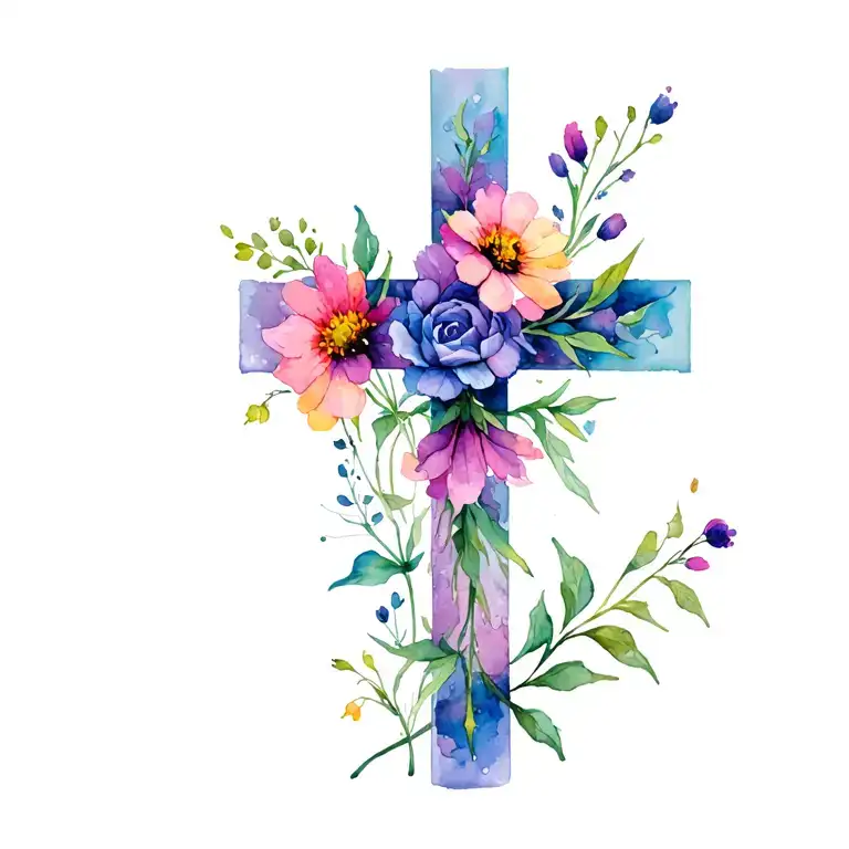 cross with wild flowers intertwined tattoo design idea