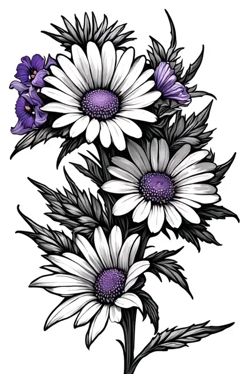 Daisy, aster, violet, iris, honeysuckle, sweetpea flower tattoo design idea