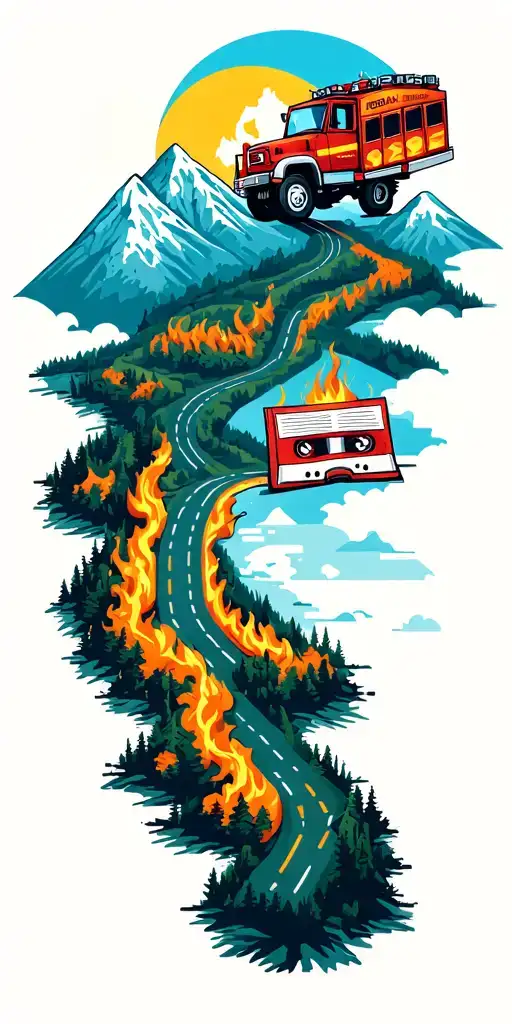 map with landmarks with road, mountains, trex fire truck, mountain bike drum set, cassette tape, book on fire, tattoo design idea
