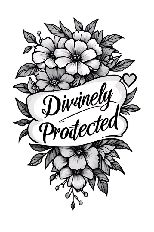 "Divinely protected" flowers and hearts tattoo design idea