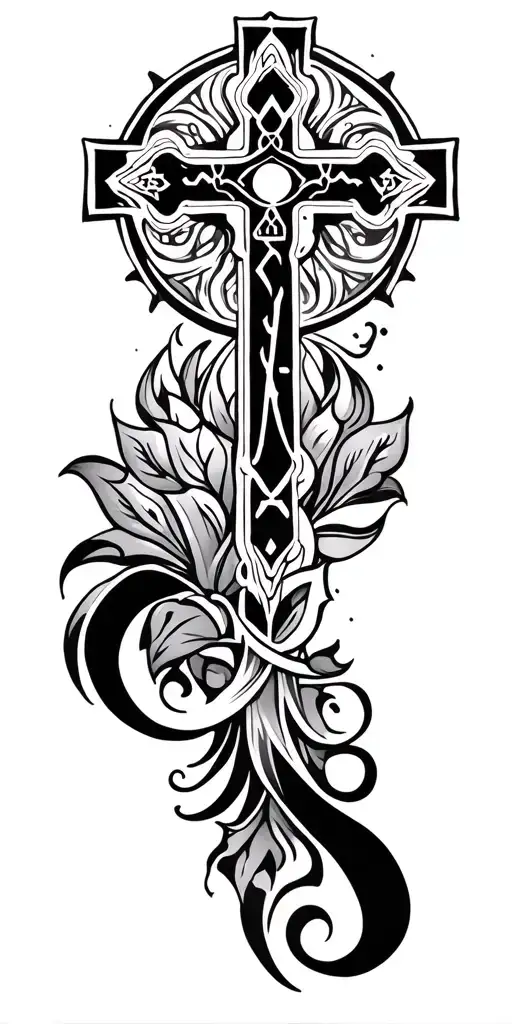 Christian cross, mandala filler outside of cross, Hebrew scripture tattoo design idea