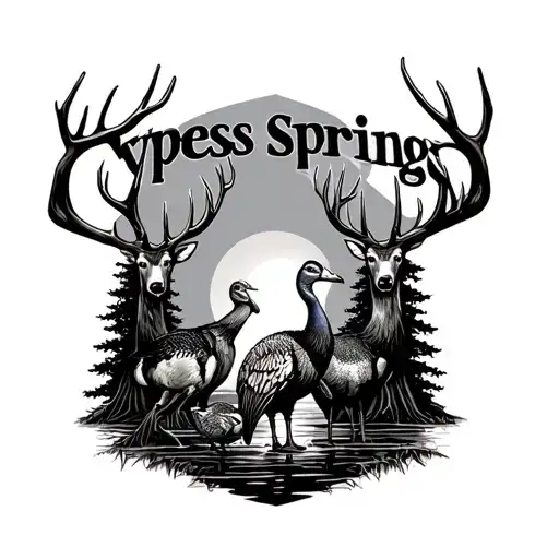 rustic Cypress Springs lodgelogo with whitetail bucks mallards and turkeys all separated in it surround by cypress trees tattoo design idea
