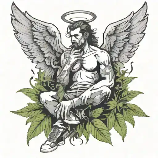bad boy angel sitting in weed leaves rolling joint blowing smoke clouds tattoo design idea