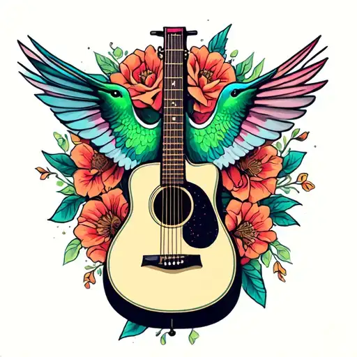 hummingbird and acoustic guitar tattoo design idea