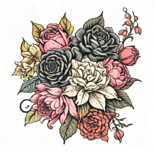 Black roses, Red roses, Cherry blossoms, Orchids, Red Spider lilies, Hydrangeas, Pink Tulips, Black Dahlias, Sunflowers tattoo design idea