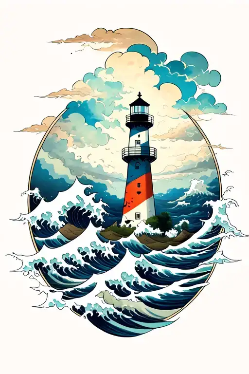 waves and lighthouse storm clouds tattoo design idea