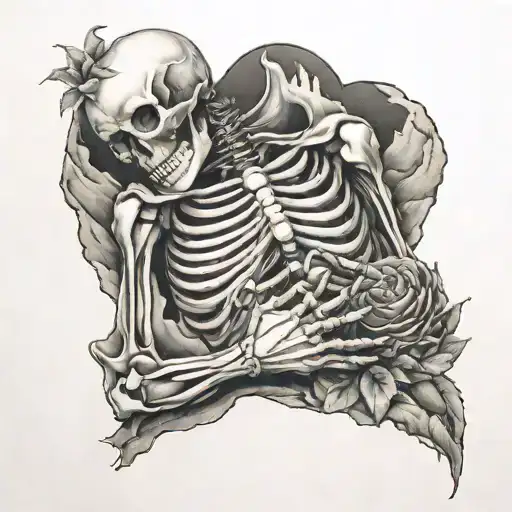 Skelton holding a mountain in its hands with heart in its chest  tattoo design idea