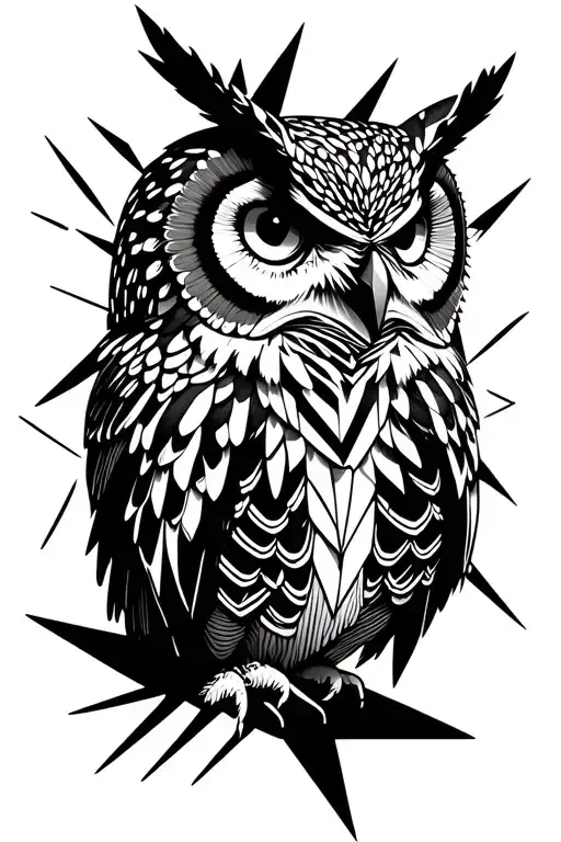 mecqnical owl face surrounded with geometric line  tattoo design idea
