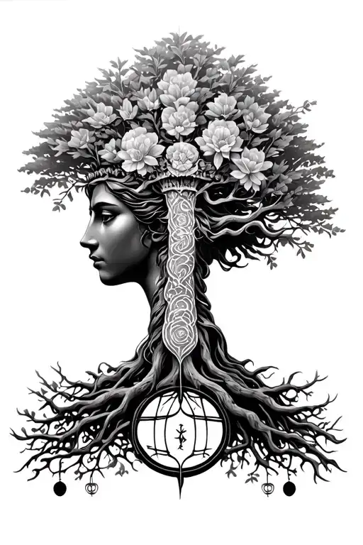 tree of life and libra goddess tattoo design idea