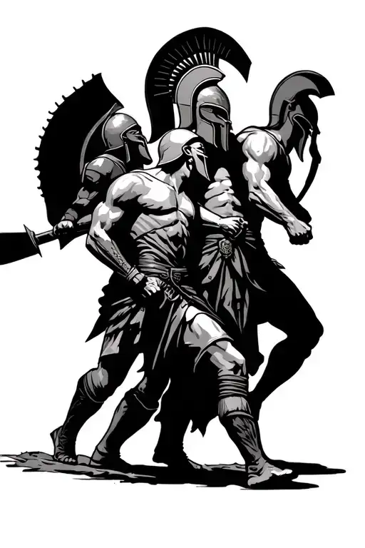 spartan warrior walking towards and another spartan slicing the throat of another warrior, 3 warriors overall  tattoo design idea