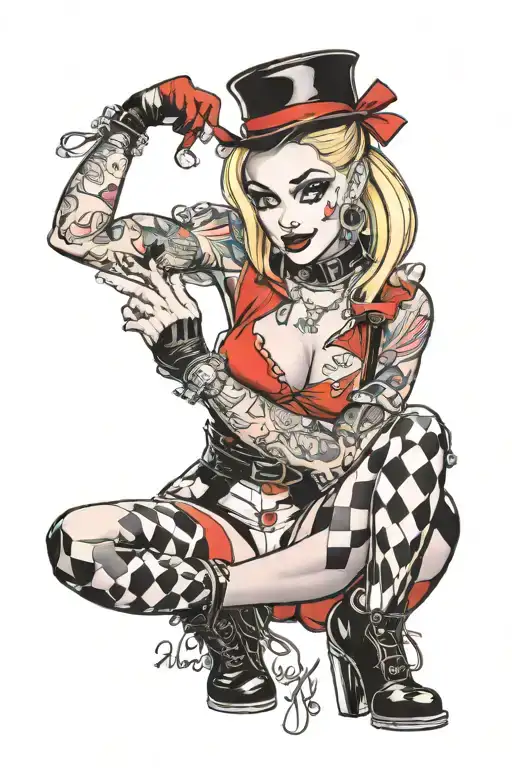 sexy harley quinn pinup girl sitting tattoo design idea