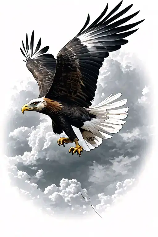 flying eagle in the sky, backgound is feather tattoo design idea