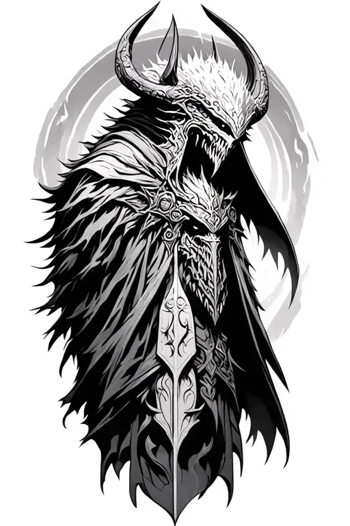 Dark Souls 3 inspired tattoo design featuring the nameless king and other elements from the lore of the game. tattoo design idea