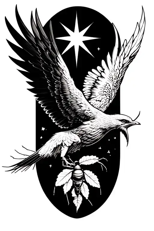 a phoenix flying under a philant star brings a leaf of lorium in its beak to a single ant tattoo design idea