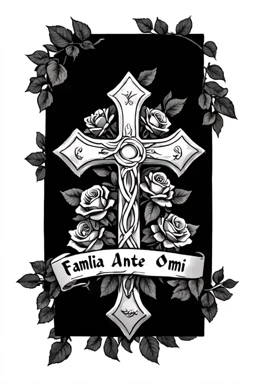 Latin cross with roses intertwined saying "Familia Ante Omni" tattoo design idea