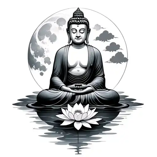 Buddha sitting sideways on a lotus flower blooming with Japanese water and moon in the background tattoo design idea