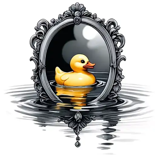 fancy mirror with a rubber duck and water inside without reflection tattoo design idea