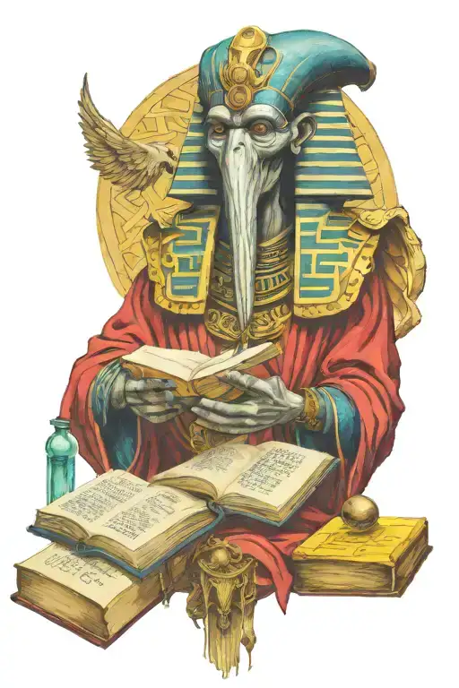 thoth god holding books surrounded tattoo design idea