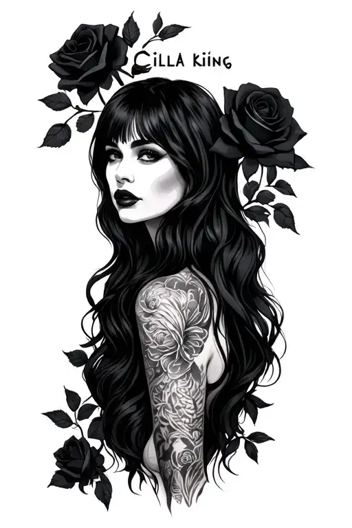 "Cilla king" Sinfully woman long black hair with black roses growing tattoo design idea