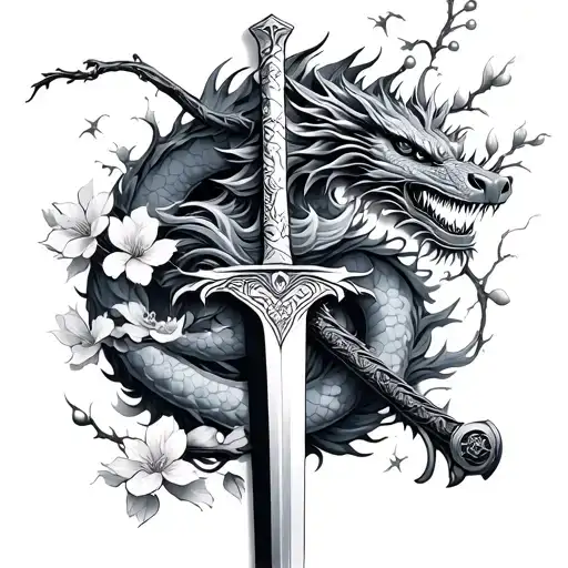 broken samurai sword wrapped with a dragon and cherry blossom tattoo design idea