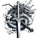 broken samurai sword wrapped with a dragon and cherry blossom tattoo design idea