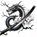 broken samurai sword wrapped with a dragon and cherry blossom tattoo design idea