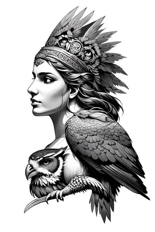 athena goddess looking brave with her owl tattoo design idea