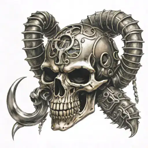 scorpion with humanskull as face soldierstyle scorpion scissor is an minigun  ammo belt Militäryhelmet tattoo design idea