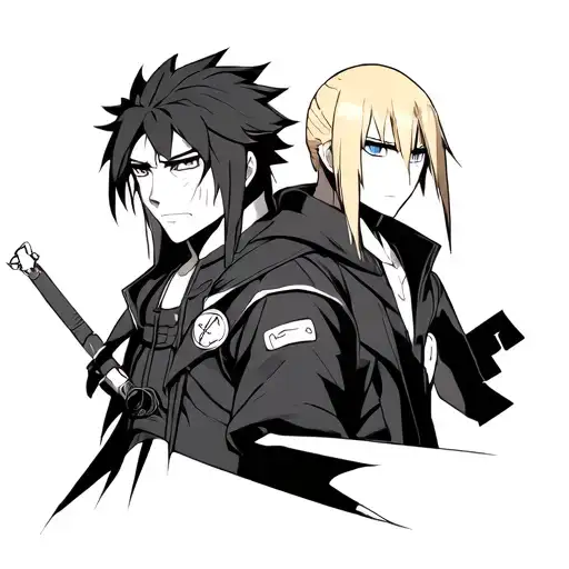  Edward and Alphonse Elric, plus small symbols from Naruto, Boku no Hero, and Bleach. Bold lines, soft shading tattoo design idea