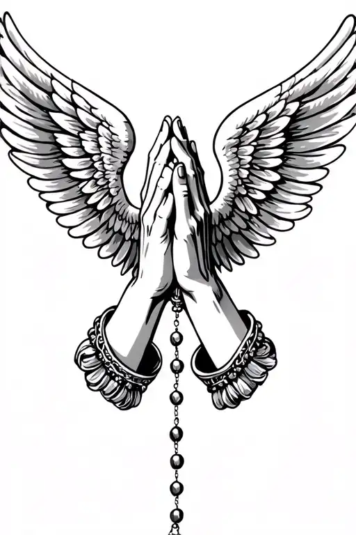 Praying Hands, Rosary beads intertwined, Wings tattoo design idea