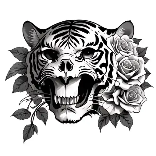 tiger half skull with roses intertwined tattoo design idea