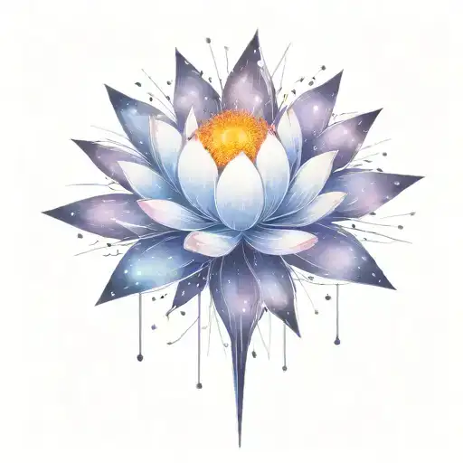 deep space themed objects and orbiting stars with trajectories around the lotus. dark colors, lexploding star in center  tattoo design idea