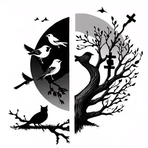 Half Dead Half Alive Tree little birds, three birds are colored, a cat on a branch, a cross on the ground tattoo design idea