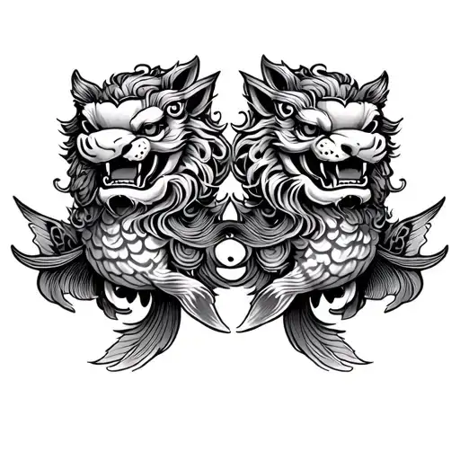 two foo dogs and a koi fish sleeve tattoo tattoo design idea