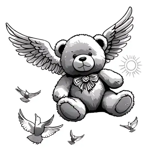 teddy bear under the protection of angels, against the background of a bright sky with the sun, doves, blessing tattoo design idea