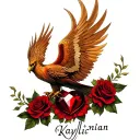 phoenix rising with the first name Kaylían in the heart of him and red roses on his clotches precious red stone  tattoo design idea