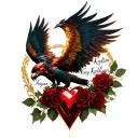 phoenix rising with the first name Kaylían in the heart of him and red roses on his clotches precious red stone  tattoo design idea