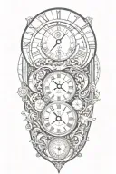 An abstract representation of the passage of time using a combination of a clock, hourglass, and sundial, with each element symbolizing a different era in history tattoo design idea