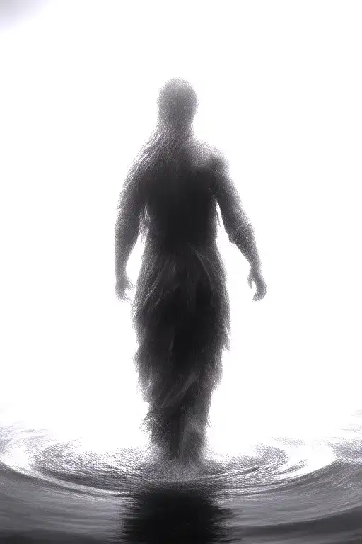 A Silhouette Of Jesus Walking On Water, realistic, veiw from the back,  tattoo design idea