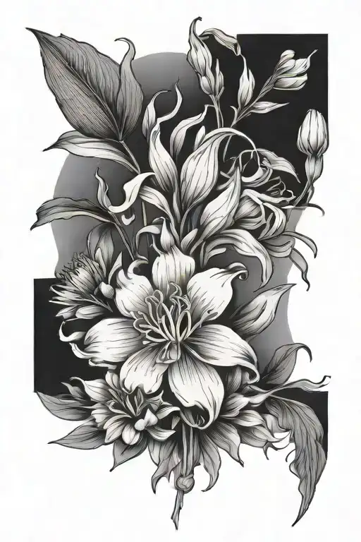 marigold, gladiolus, aster flower, honeysuckle, poppy flower tattoo design idea