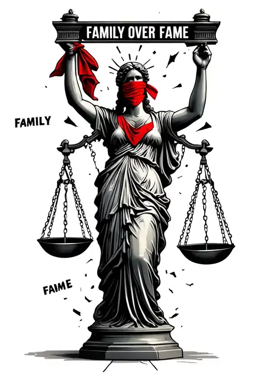 "Family over Fame" "Family over Fame" lady justice statue cracked holding scales blindfolded by red bandana with words "family" and "fame" on opposing sides  tattoo design idea