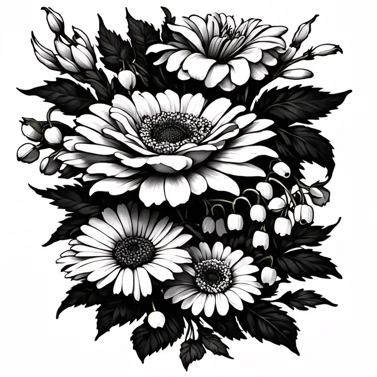 Tattoo made of black lines  using a rose, daisy, lily of the valley and a chrysanthemum in a bunch small tattoo design idea