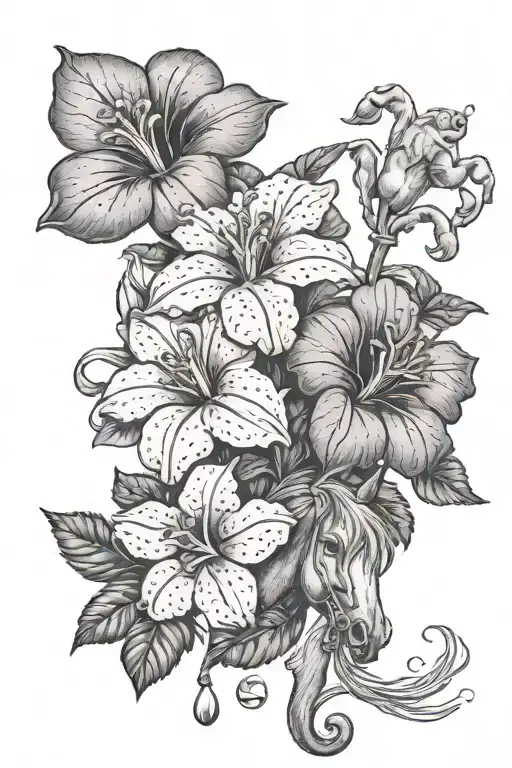 Three Mirabilis jalapa flowers with a small horse pawn that has a beret on its head then three marbles and finally two g tattoo design idea