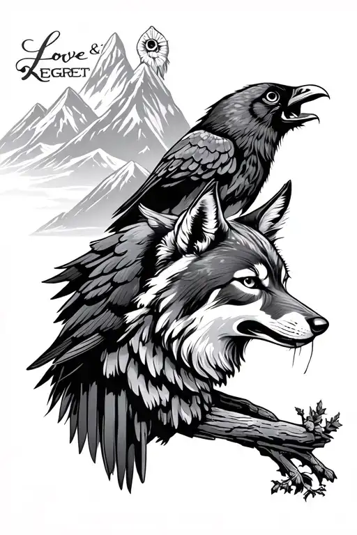 "Love & Regret " howling coyote and raven,  owl in mountains tattoo design idea