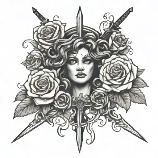 medusa gothic sword roses blooming tattoo design idea