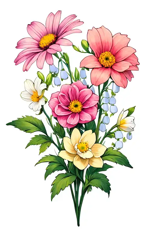 3 Groups of flowers: 1: daisy, narcissus, lily of valley. 2: Narcissus, cosmos,  Chrysanthemum 3. Aster, daphidil, rose tattoo design idea