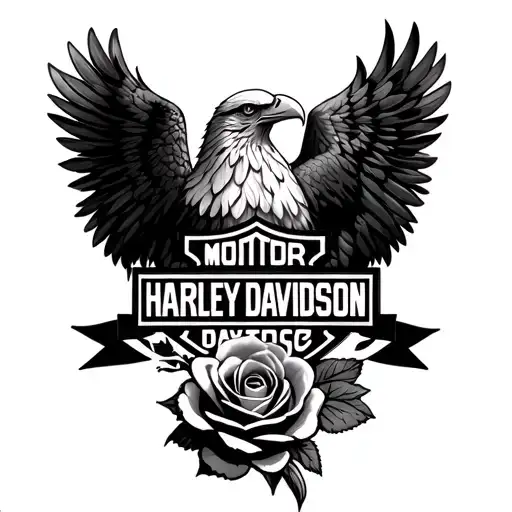 a black realistic shaded Harley Davidson logo with soft  shaded a rose and a beautiful realism eagle tattoo design idea
